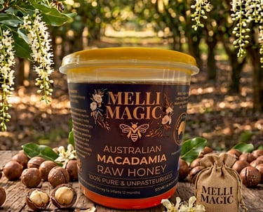 Melli Magic Honey macadamia 500g jar with forest background