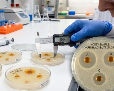 Scientist using digital calipers to measure honey antibacterial activity in a Petri dish laboratory test.
