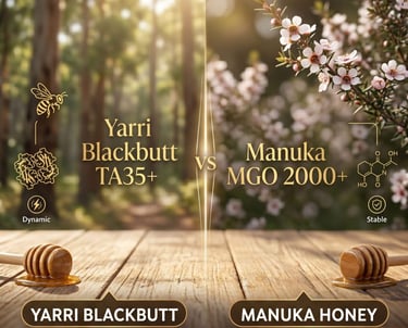 Comparison of Yarri Blackbutt TA35+ and Manuka Honey MGO 2000+ on a wooden table in a forest.