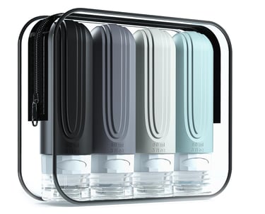 Set of four silicone travel bottles in a clear zippered toiletry bag for carry-on liquids.