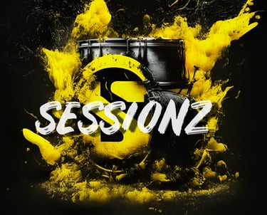 Artwork for Sessionz music artist. Black drums with a letter S on the front, yellow explosion behind