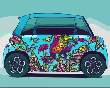 a car with a colorful bird on it