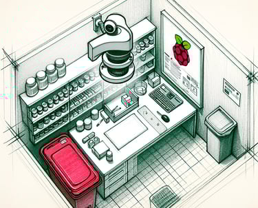 a kitchen with a red suitcase and a red suitcase