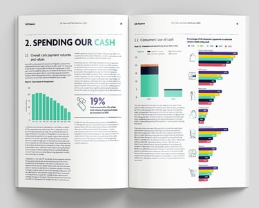 a magazine article spread with colourful charts and infographics