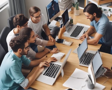 A diverse group of professionals collaborating in a modern office space.