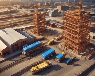 A team of engineers and construction workers collaborating on a large infrastructure site under clear skies.