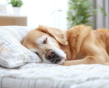 a dog is sleeping on a bed with a pillow