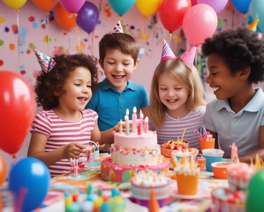 A cheerful group of friends celebrating a birthday with balloons and cake.