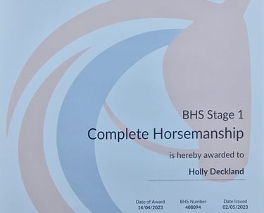 British Horse society BHS Stage 1 Complete Horsemanship certficate