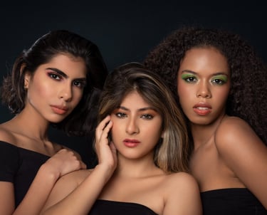 three women with different colored eyes and hair