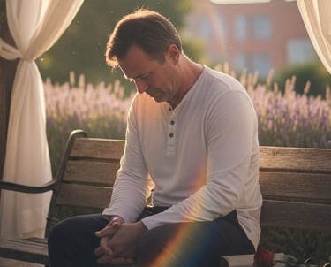 A man sitting on a bench is head is bowed