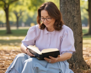 A middle aged woman reading her bible in the park
