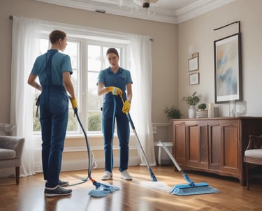A storefront for a dry cleaning business with large glass windows displaying various signs and clothing racks with garments hung inside. The signage includes 'Nashville's Shirts Laundered' and services like spotting, drapery, silk and wool care. The central window features a colorful poster of a man and woman labeled 'Dry Cleaners.' An American flag is visible in the reflection on the glass.