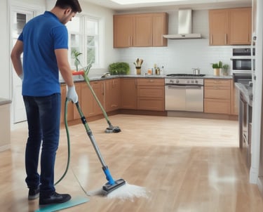 A group of workers wearing orange safety uniforms and helmets are cleaning a paved street area near a crosswalk. They are using hoses and brooms to clean the wet surface. Surrounding buildings, including a hotel named 'ROYAL HOTEL SAIGON,' and trees can be seen in the background.