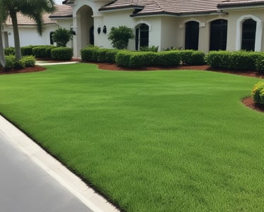 A lush green lawn is surrounded by several trees and shrubs, with sunlight filtering through the leaves. The grass is vibrant and appears freshly maintained, and the scene is peaceful and serene.