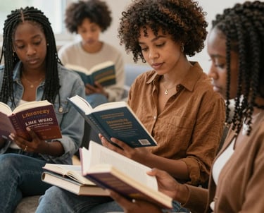 A diverse group of people engaged in reading and writing activities together.