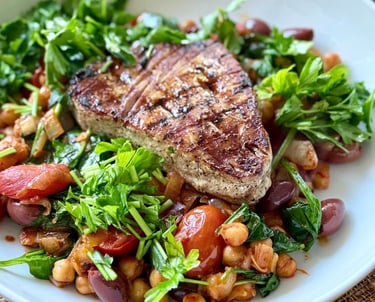 Semaglutide Recipe: Grilled Tuna Steak with Chickpeas, Tomatoes and Sautéed Spinach 