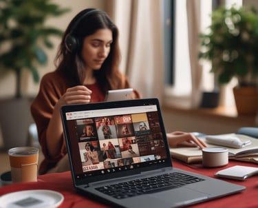 a woman sitting at a table with a laptop and a cup of coffee