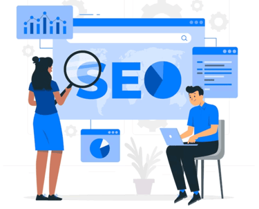 a woman and man looking at a website page on a website
