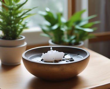 A person is seated in a calm, meditative posture on a mat, with three golden singing bowls placed in front of them. A wind chime made of bamboo is suspended, adding a serene ambiance to the scene. The individual is dressed in black athletic wear.