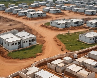 An urban construction site features a partially built multi-story office building surrounded by fencing and signs promoting the development. Several cranes are visible, suggesting ongoing construction. Various modern buildings and skyscrapers are in the background under a clear blue sky with light cloud streaks.