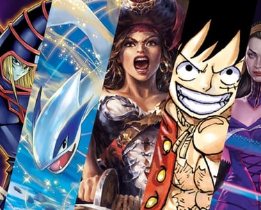 A collage displaying the TCGs Yu-Gi-Oh!, Pokemon TCG, Flesh and Blood, One Piece TCG and MTG.