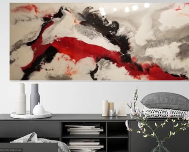 SOLD: "Red Chakra" - 3 x 7 Painting. This impactful artwork, measuring 3 feet by 7 feet, was sold at