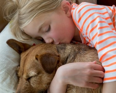 a young girl is sleeping on a couch with her dog