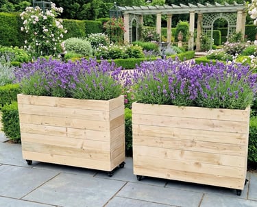 Wooden planter on wheels handmade to size tall narrow planter for restaurants patio gardens 
