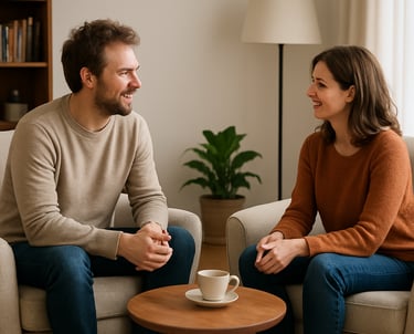 A smiling couple having a conversation over coffee in a cozy living room with neutral decor.