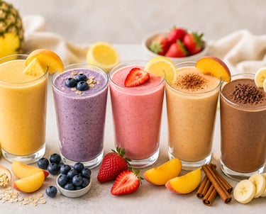 Variety of colorful fruit smoothies in tall glasses with fresh ingredients like strawberries and blueberries.