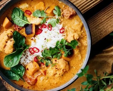 Coconut curry chicken in a bowl with spinach, herbs, and creamy sauce (THM S recipe).