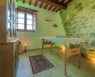 Sala relax dell'agriturismo con panorama su Assisi e muro di pietra a vista