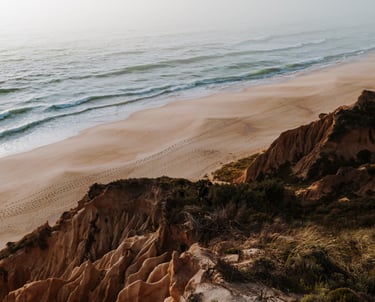 neautral toned cliff overlooking a calm beach demonstrating the link between nature and joy