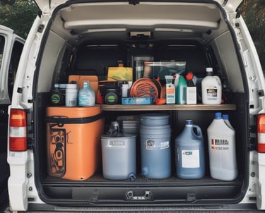 Several car care products, including bottles of wax and detailing spray, are placed on a soft cloth in a garage setting. A red tool chest stands in the background, slightly out of focus, against a backdrop of shelves and storage areas. The products feature prominent labels and branding.