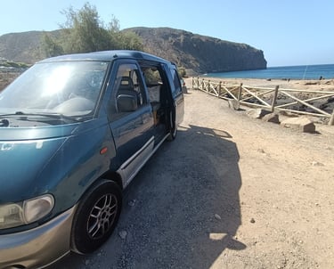 a van parked on a dirt road near a beach