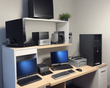 A modern electronics store features a sleek white computer with a large monitor, keyboard, and mouse positioned on a wooden table. The background showcases a wall display of various electronic accessories in white packaging, arranged neatly in rows. The room is illuminated by bright circular ceiling lights, giving a clean and modern ambiance.
