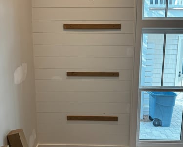 Floating white oak shelf, could be used as a fireplace mantel also 