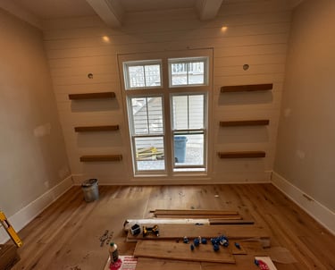 Floating white oak shelf, could be used as a fireplace mantel also 