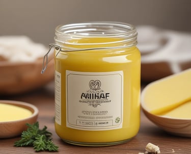 A jar of saffron cream with a bright yellow color is placed on a brown textured surface. The lid is off to the side and displays the label 'maya, Saffron Cream, 100% Natural, Net Wt. 50 gms.' A small green leaf is nearby, adding a natural element. The background features a stone wall with a rough texture.