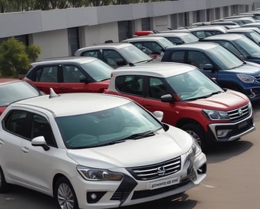 Several cars are parked in front of a dealership with a large window displaying the words 'Buy happy' and 'Brown's Fairfax Mazda'. The focus is on the cars in the foreground, while the dealership building is partially visible in the background.