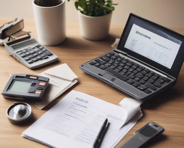 The scene includes a dimly lit workspace with a focus on tax-related documents, a pen, and a mug. The documents are prominently featured on the table, indicating a financial or tax preparation setting.