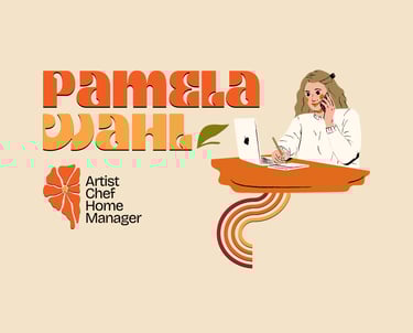 an illustrated woman sitting at a desk with a laptop