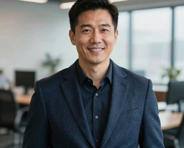 A professional headshot of a creative expert in a North American / US office, wearing a casual professional navy blazer, with a bright, soft-focus background.