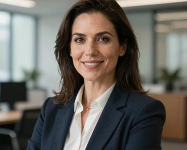 A professional headshot of a female marketing strategist in a modern North American office, featuring a friendly and authoritative expression with soft lighting.