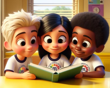 Três alunos lendo um livro