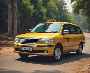 A clean, comfortable taxi parked by a lush green roadside in Vythiri.