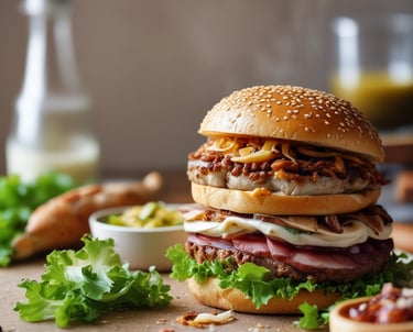 A sesame seed hamburger bun sandwiching layers of lettuce, ham, and a fried egg, neatly presented on a textured blue plate. The plate also contains a serving of potato wedges, and in the background, a decorative red rose with green leaves and purple accents adds a touch of elegance.