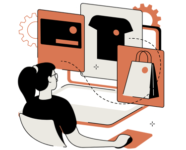 a woman sitting at a computer screen with a shopping bag