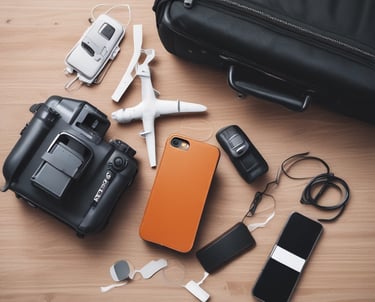A blue travel bag with brown leather accents sits on a surface. Attached to the handle is a beige tag with the words 'FRUGAL FLYER,' featuring a stylized airplane logo and text promoting travel savings.